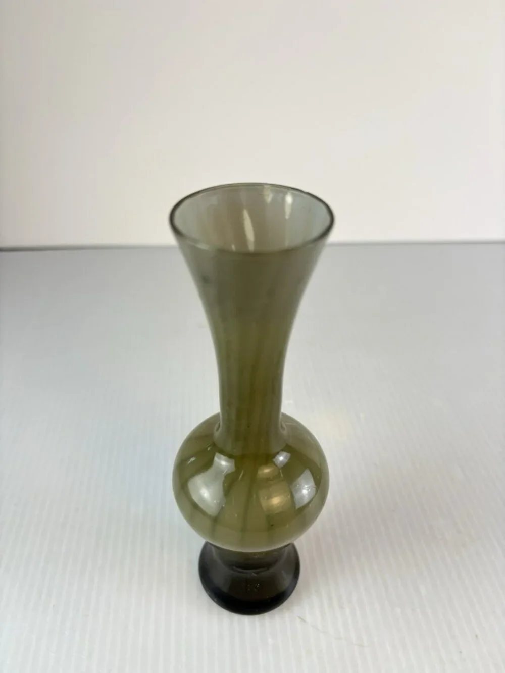 MCM Hand Blown Smoke Olive Glass Bud Vase Pontil Scar Optic Rib Trumpet Neck